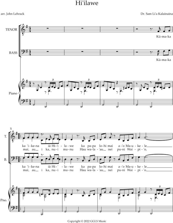 Hi’ilawe arranged for SATB